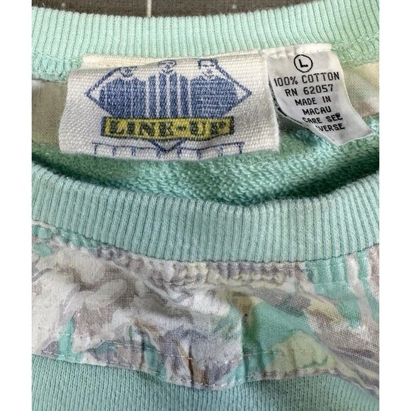 VTG Line Up Mint Grn Sweatshirt L  100% Cotton Floral Collar 80s 90s Cottagecore - Picture 6 of 7